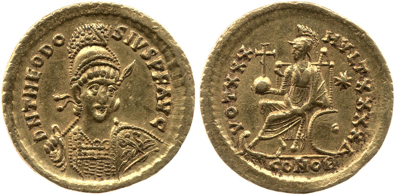 RIC X Theodosius II (East) 257, аверс, bm