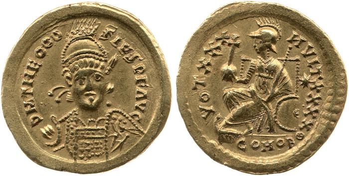 RIC X Theodosius II (East) 257, реверс, bm