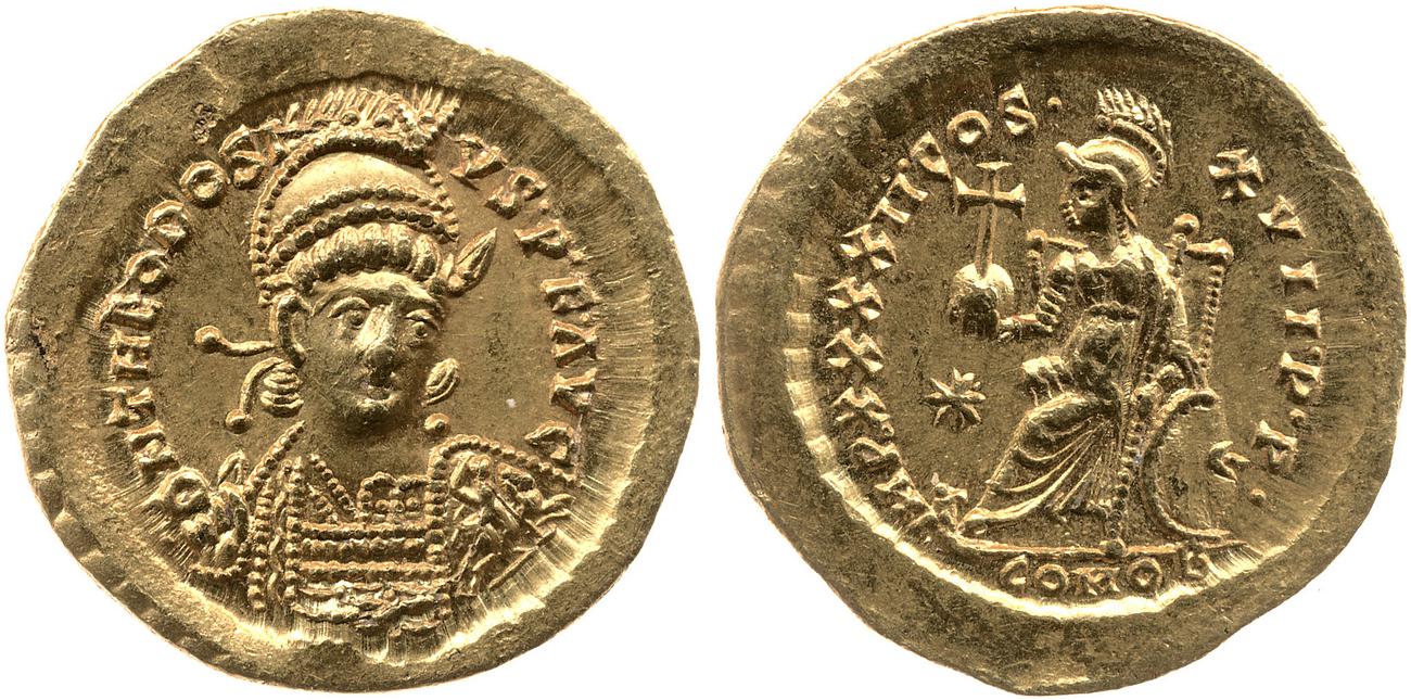 RIC X Theodosius II (East) 293, аверс, bm