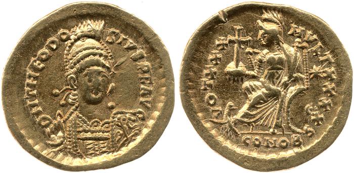 RIC X Theodosius II (East) 257, реверс, bm