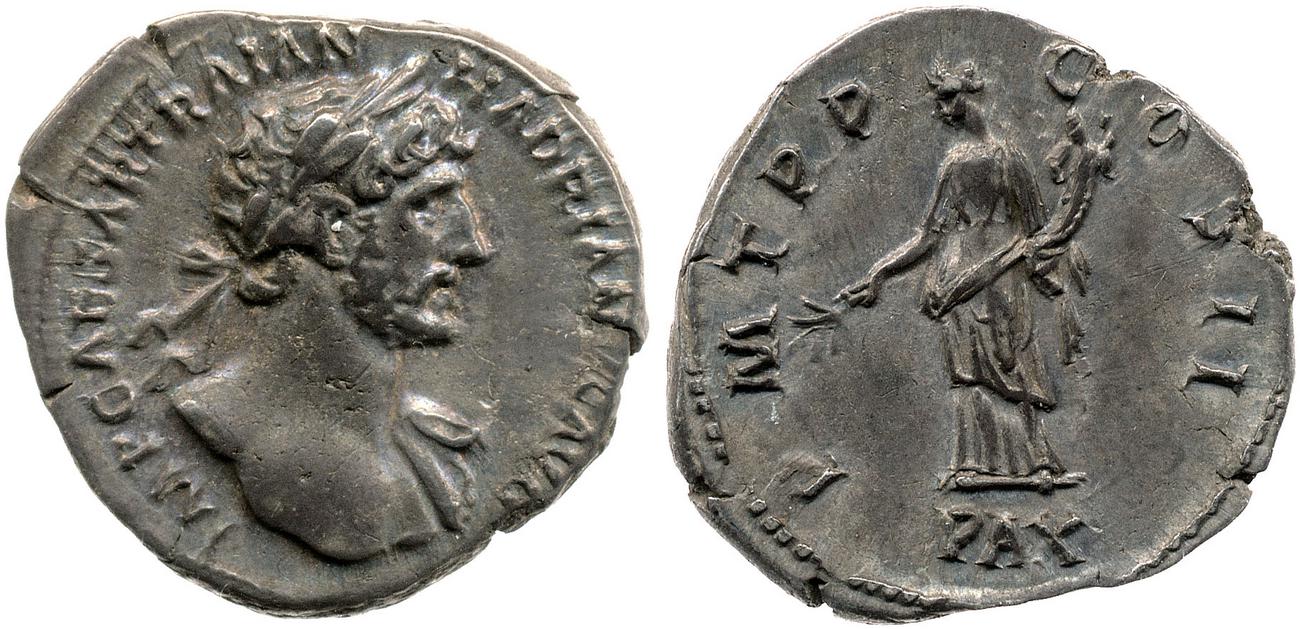 Obverse: Bust of Hadrian, laureate, bare chest, traces of drapery on far shoulder usually visible, right. Reverse: Pax standing left, holding branch and cornucopia