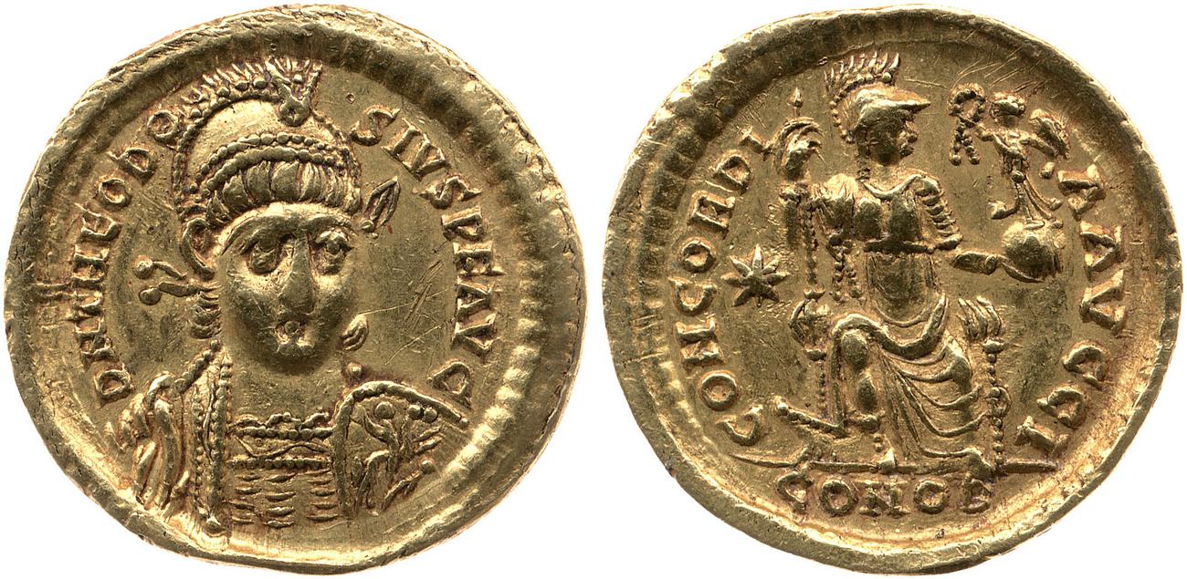 RIC X Theodosius II (East) 202, аверс, bm