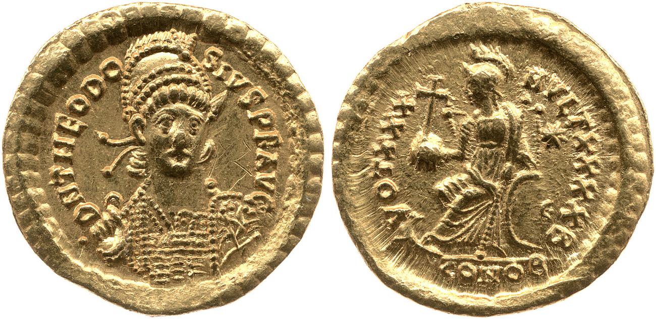 RIC X Theodosius II (East) 257, аверс, bm