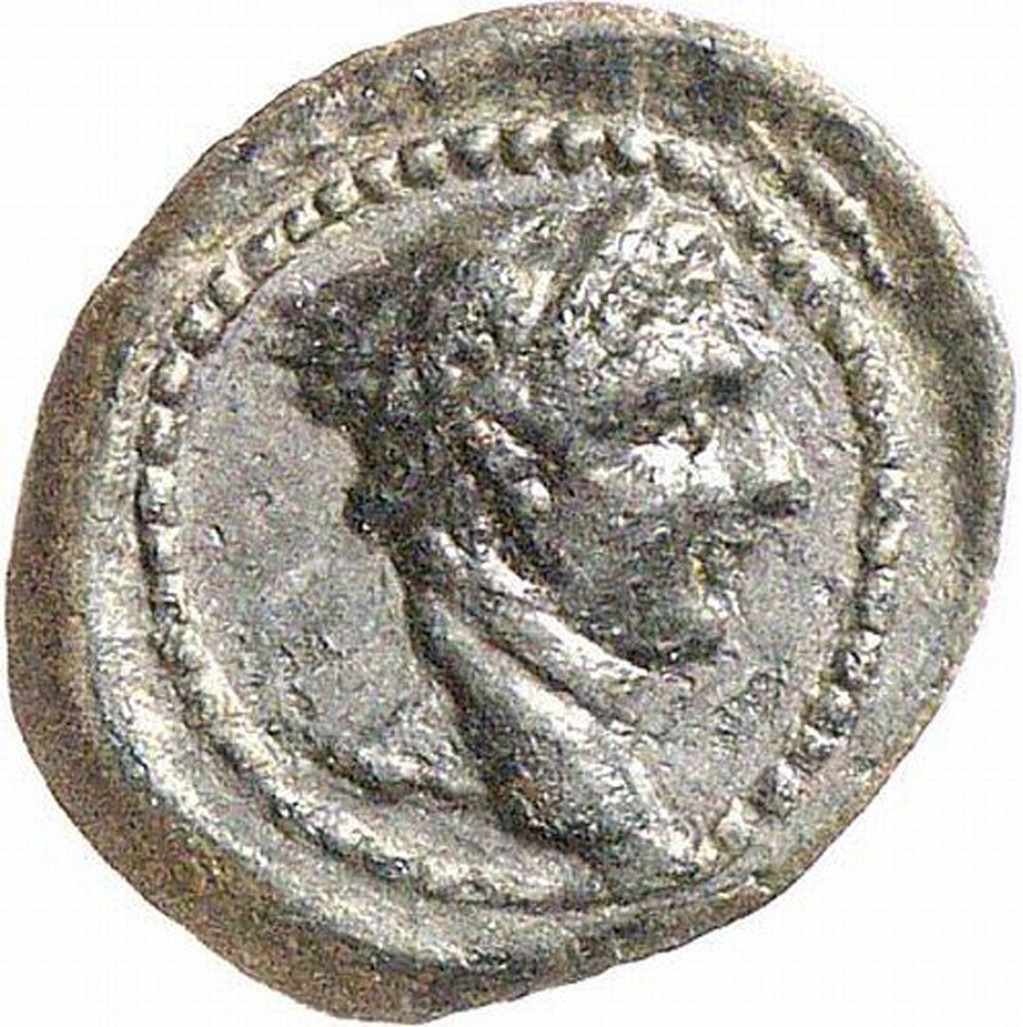 Obverse: Brustbild des Hermes mit geflügeltem Petasos nach rechts. Bust of Hermes, right, with winged petasos.. Reverse: Dreifuß mit zwei herabhängenden Zweigen. Tripod with two branches hanging down.